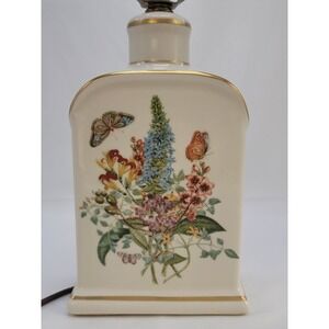 Vtg Tea Caddy Porcelain Table Lamp Blue Bonnet and Butterflies Gold Trim Floral